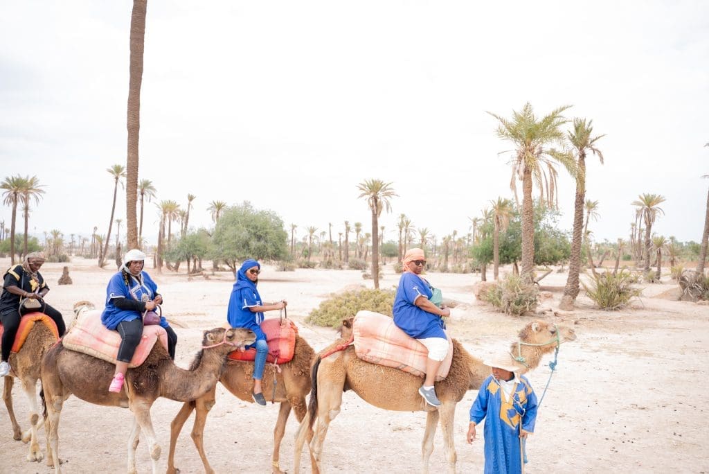 Travel Divas riding on camels in the  Moroccan desert